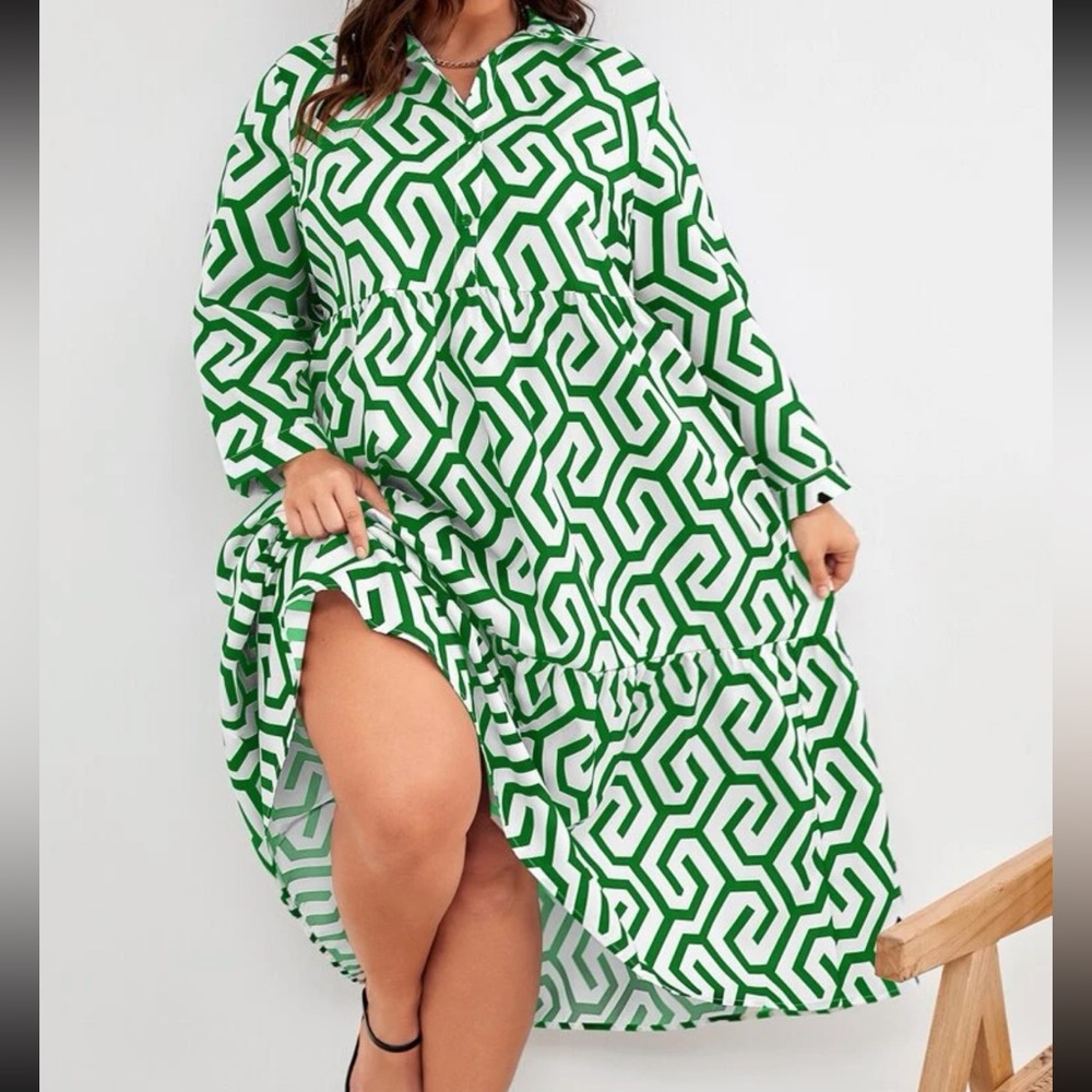 Button-Front Smock Dress / 3x (18) / Green & White